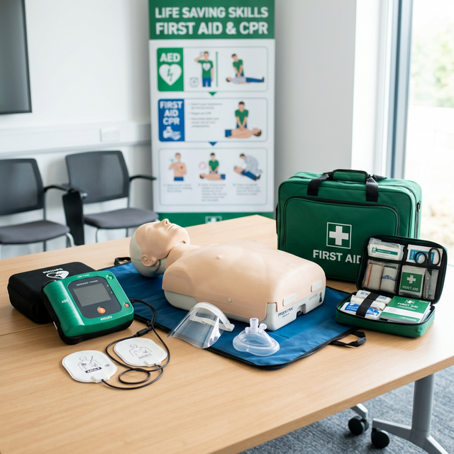 First aid training equipment including CPR manikins and AED trainers