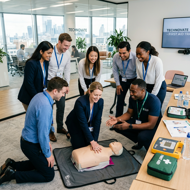 Corporate team participating in hands-on first aid training